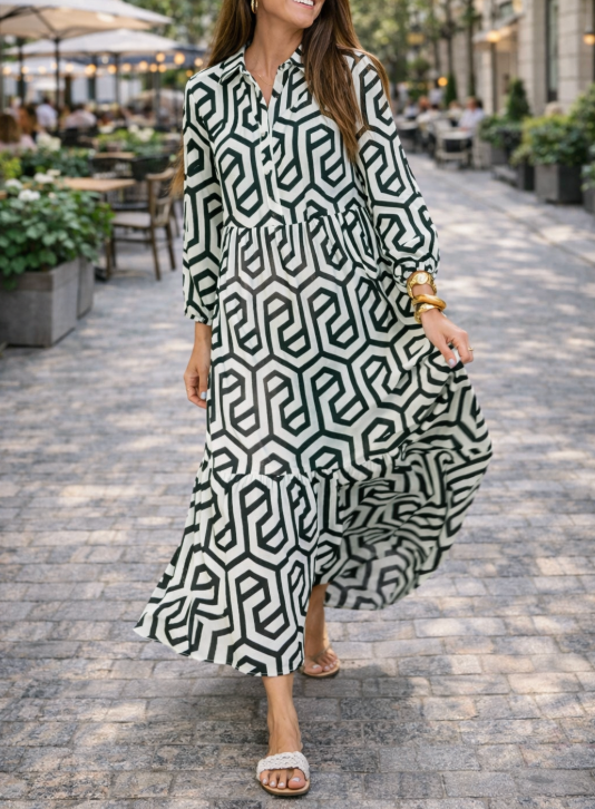 Abito lungo da donna a maniche lunghe con stampa geometrica – Stile casual, elegante e fluido