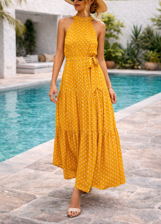 Abito lungo da donna a pois – Stile estivo fluido, casual ed elegante