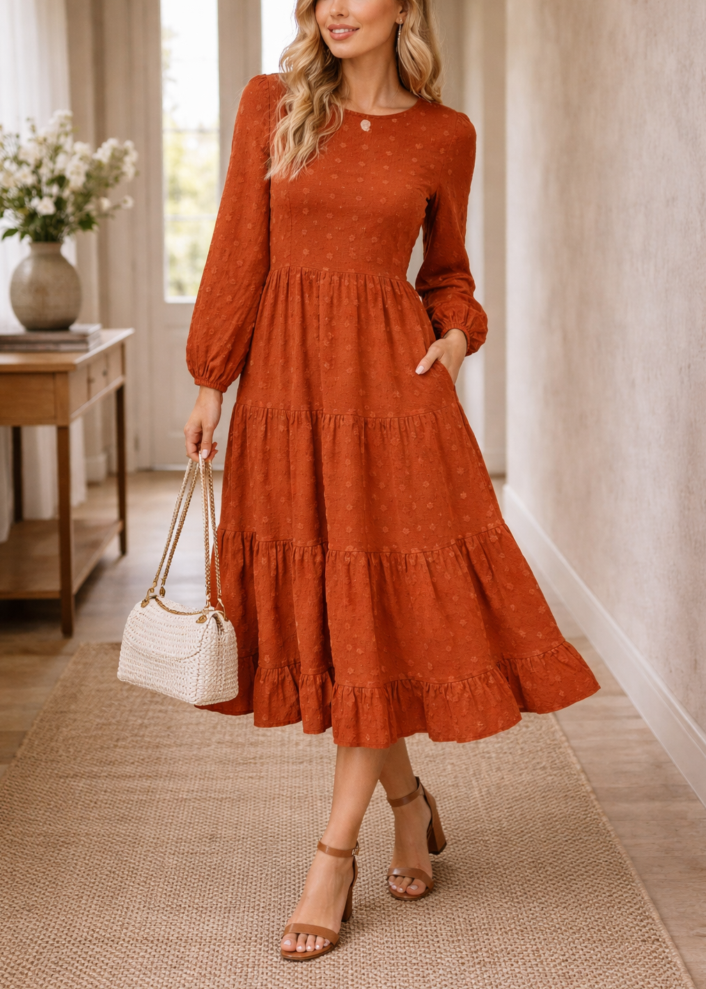 Abito lungo da donna con scollo rotondo – Fluido, elegante, casual, perfetto per tutti i giorni