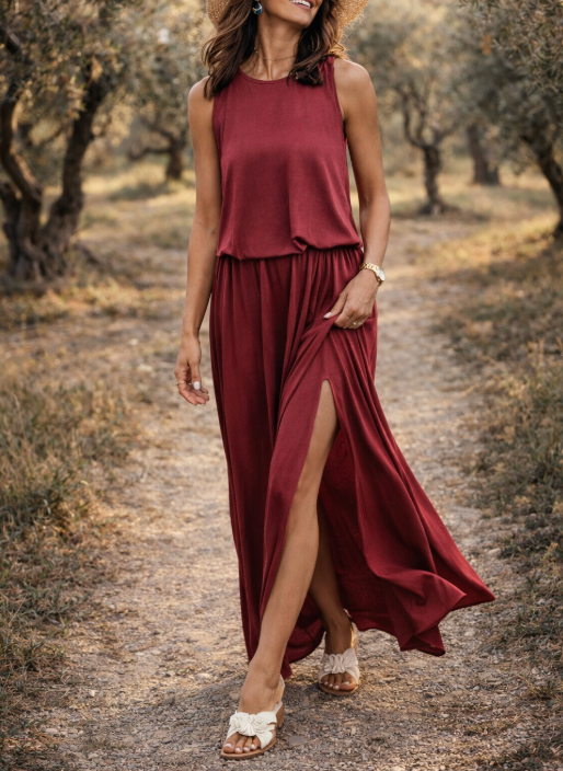 Abito lungo da donna senza maniche – Spacco laterale, elegante e svolazzante, perfetto per l'estate