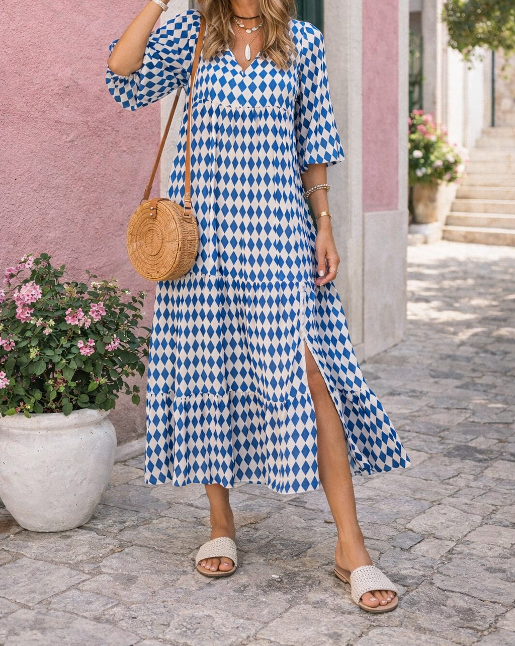 Abito lungo da donna con scollo a V – Fluido, elegante, casual, perfetto per feste