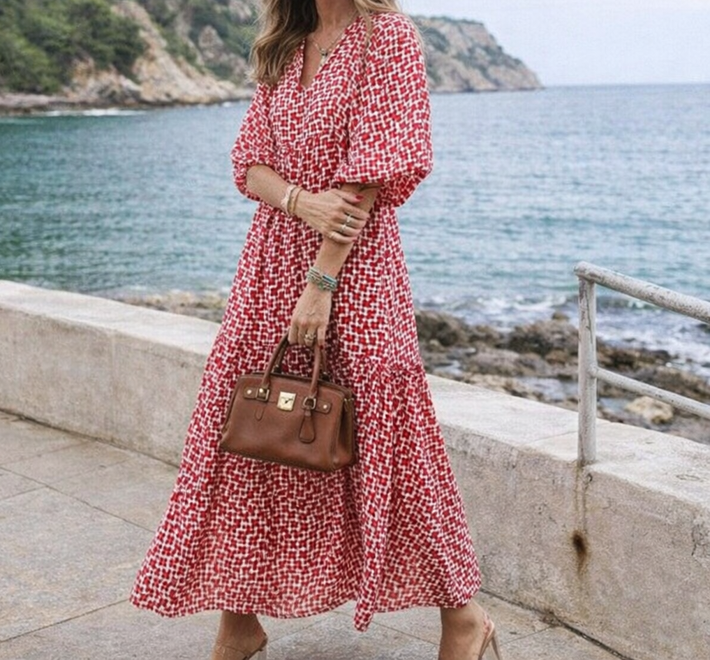 Abito lungo da donna con scollo a V – Fluido, elegante, casual, perfetto per feste