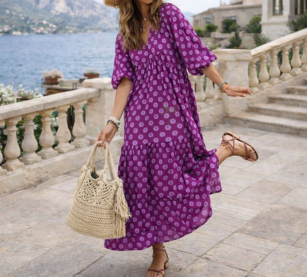 Abito lungo da donna con scollo a V – Fluido, elegante, casual, perfetto per feste