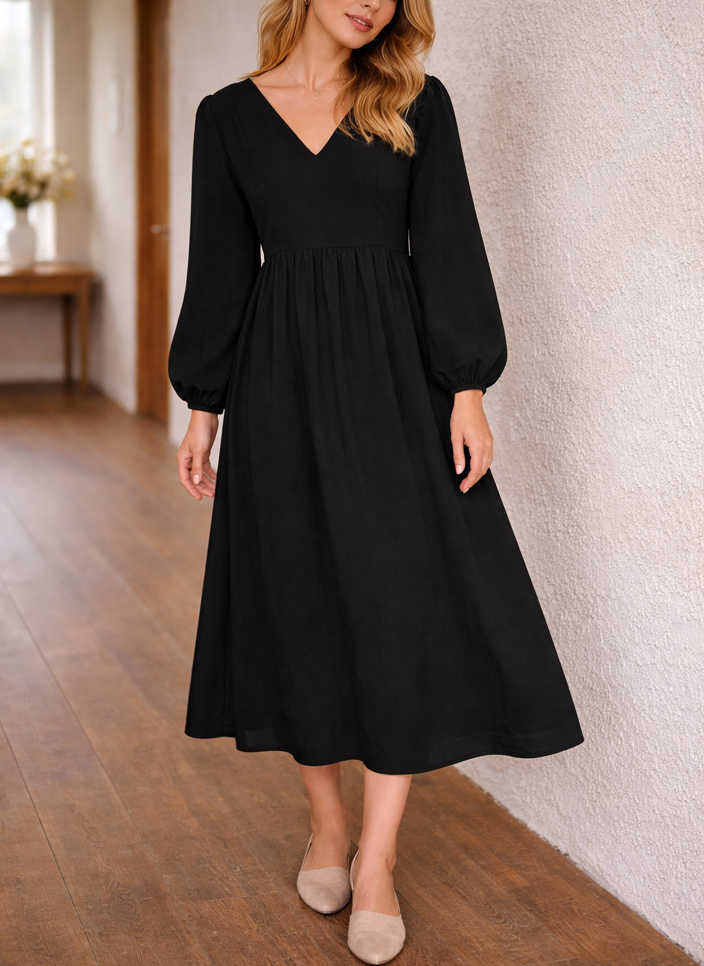 Abito midi da donna con scollo a V: elegante, casual e chic per tutti i giorni