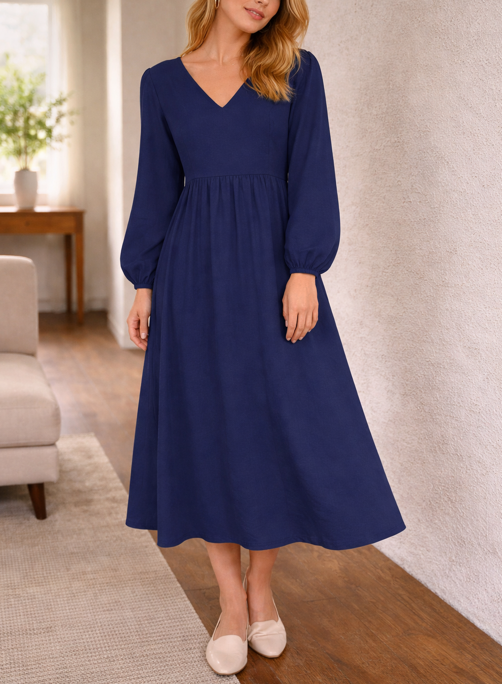 Abito midi da donna con scollo a V: elegante, casual e chic per tutti i giorni