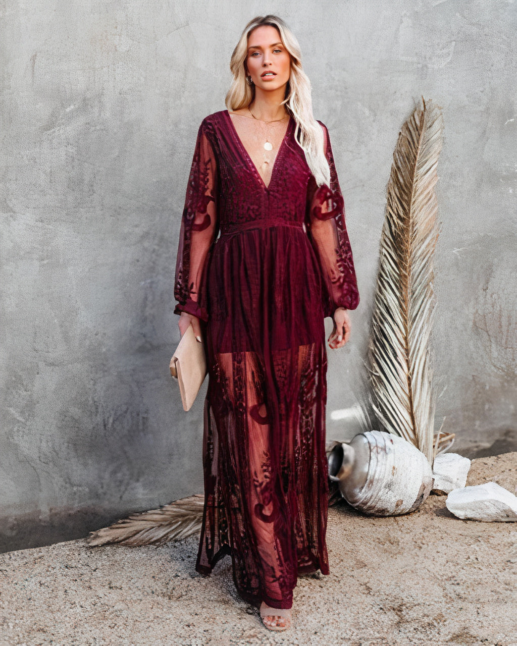 Abito maxi in pizzo da donna a maniche lunghe - Raffinato ed elegante