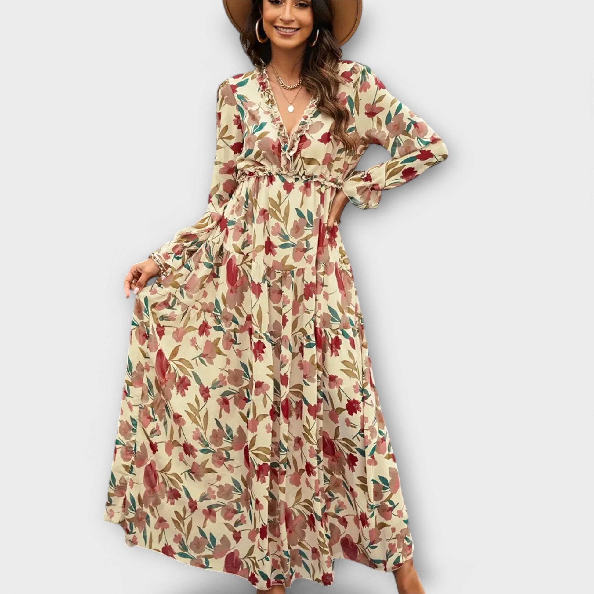 Abito maxi floreale da donna a maniche lunghe - Romantico e leggero