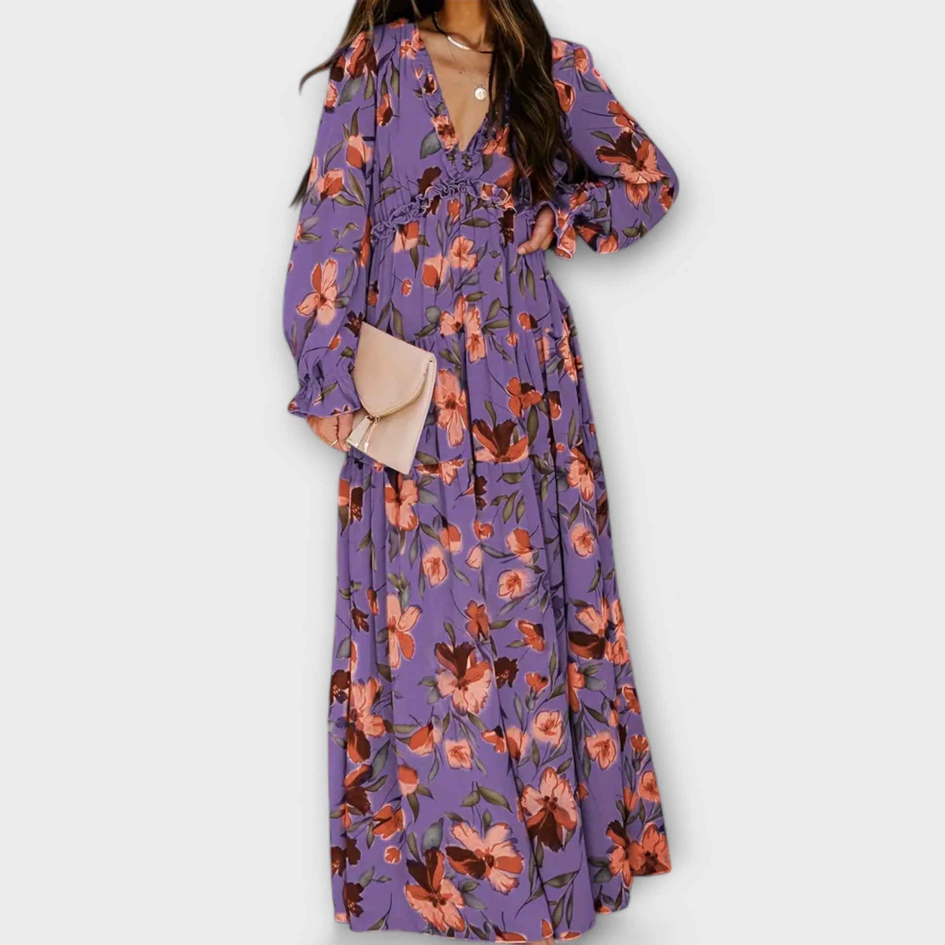 Abito maxi floreale da donna a maniche lunghe - Romantico e leggero