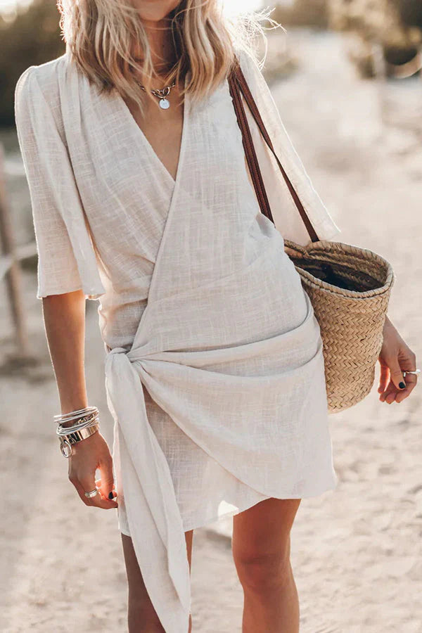 Mini abito da donna a portafoglio con cintura in vita, maniche corte, stile casual chic estivo