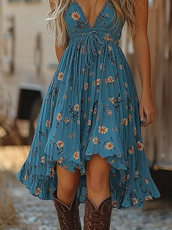 Mini abito da donna con stampa floreale blu e volant irregolari - Leggero e femminile
