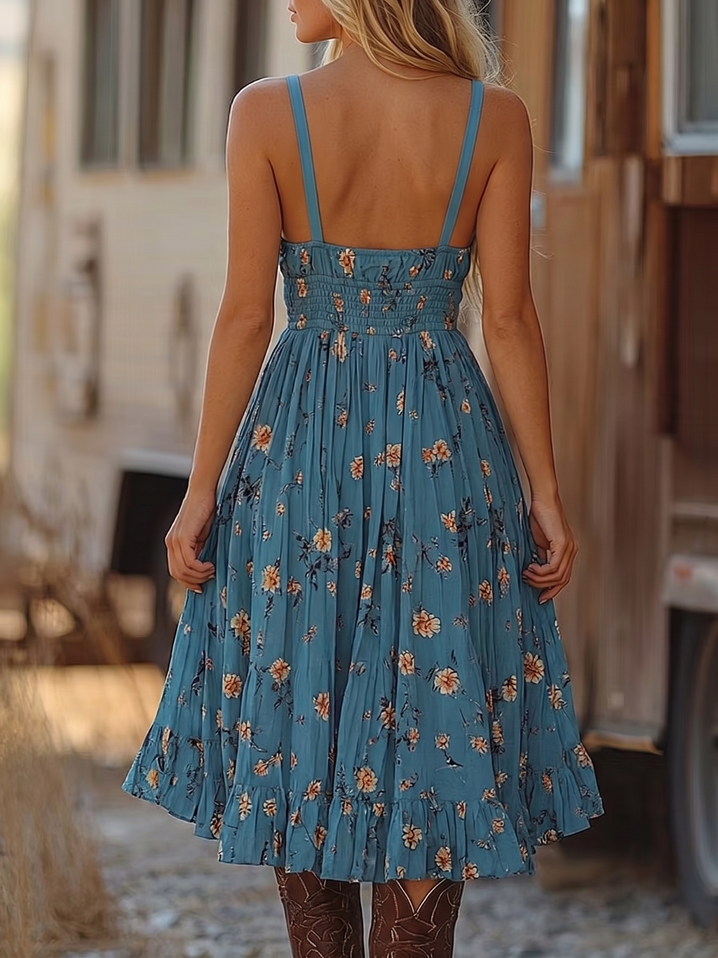 Mini abito da donna con stampa floreale blu e volant irregolari - Leggero e femminile