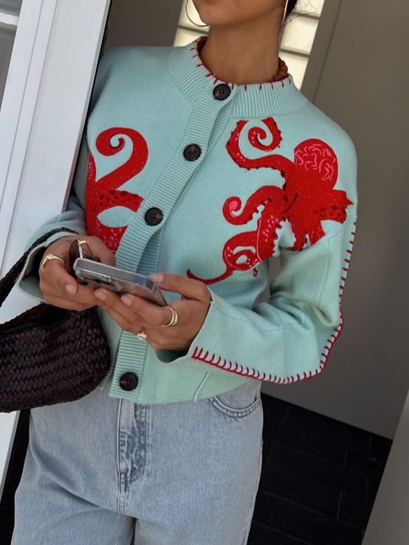 Cardigan Donna in Maglia con Motivo Polpo – Stile Casual Morbido e Originale