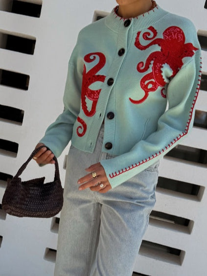 Cardigan Donna in Maglia con Motivo Polpo – Stile Casual Morbido e Originale