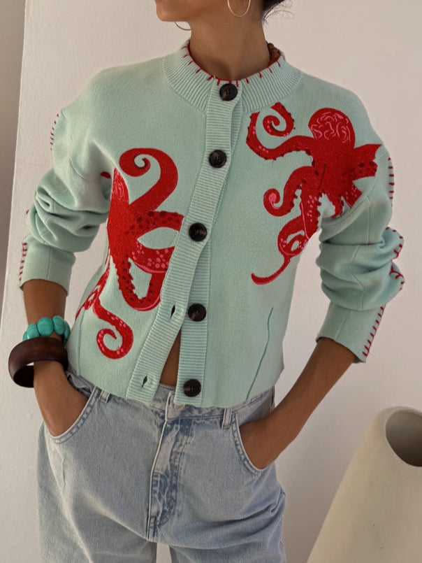 Cardigan Donna in Maglia con Motivo Polpo – Stile Casual Morbido e Originale
