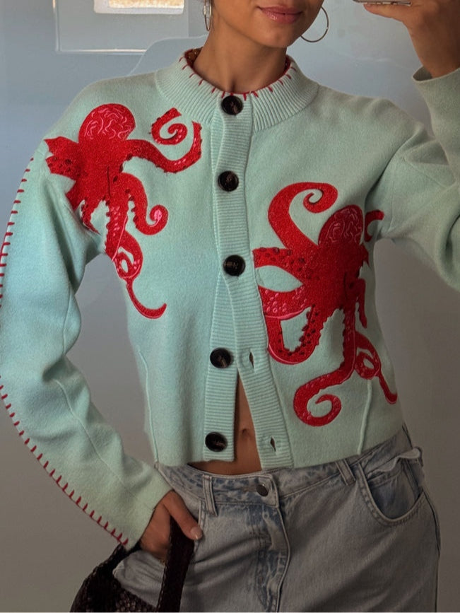 Cardigan Donna in Maglia con Motivo Polpo – Stile Casual Morbido e Originale