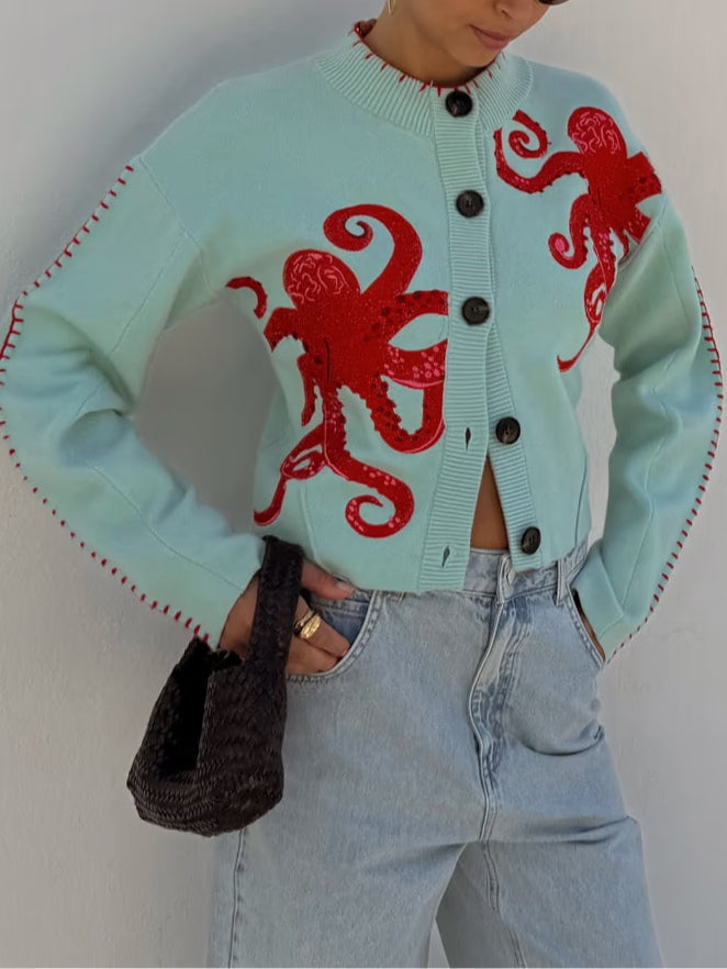 Cardigan Donna in Maglia con Motivo Polpo – Stile Casual Morbido e Originale