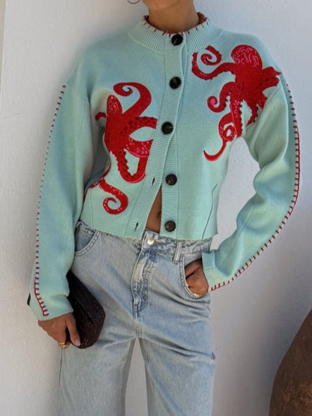 Cardigan Donna in Maglia con Motivo Polpo – Stile Casual Morbido e Originale