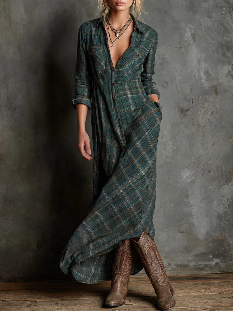 Elegante abito lungo a quadri da donna – Abito casual con colletto