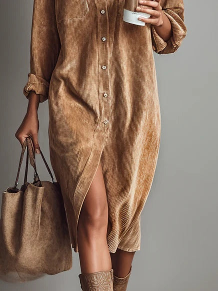 Abito midi casual in velluto a coste da donna – Abito camicia comodo ed elegante