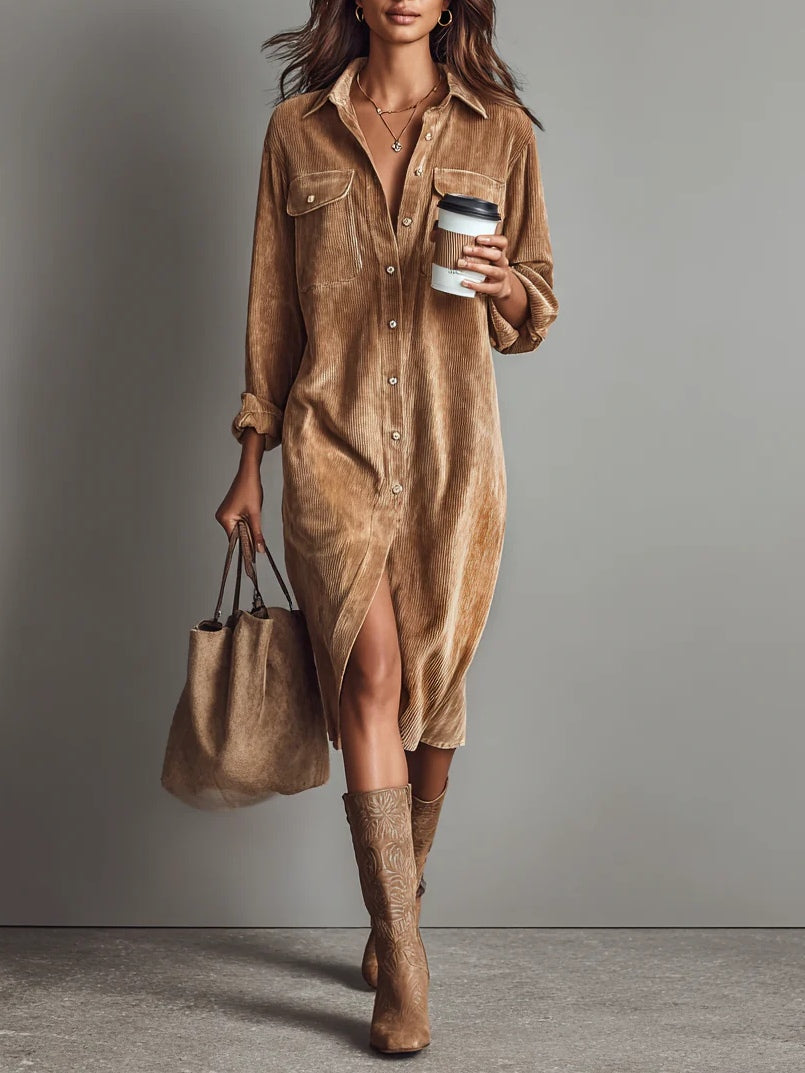 Abito midi casual in velluto a coste da donna – Abito camicia comodo ed elegante