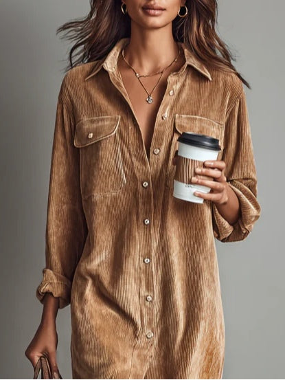 Abito midi casual in velluto a coste da donna – Abito camicia comodo ed elegante