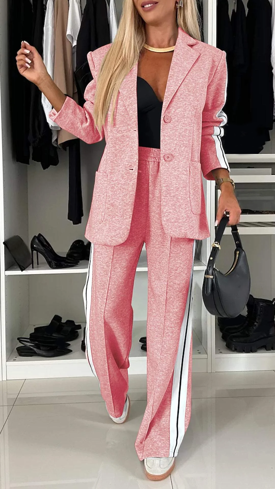 Completo casual monopetto da donna – Giacca a righe larghe e pantaloni a gamba larga