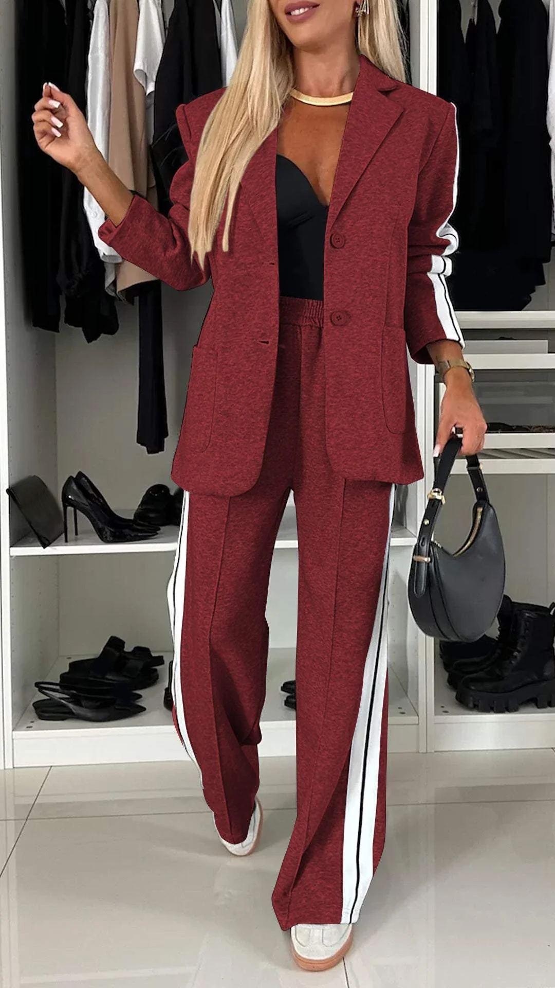 Completo casual monopetto da donna – Giacca a righe larghe e pantaloni a gamba larga