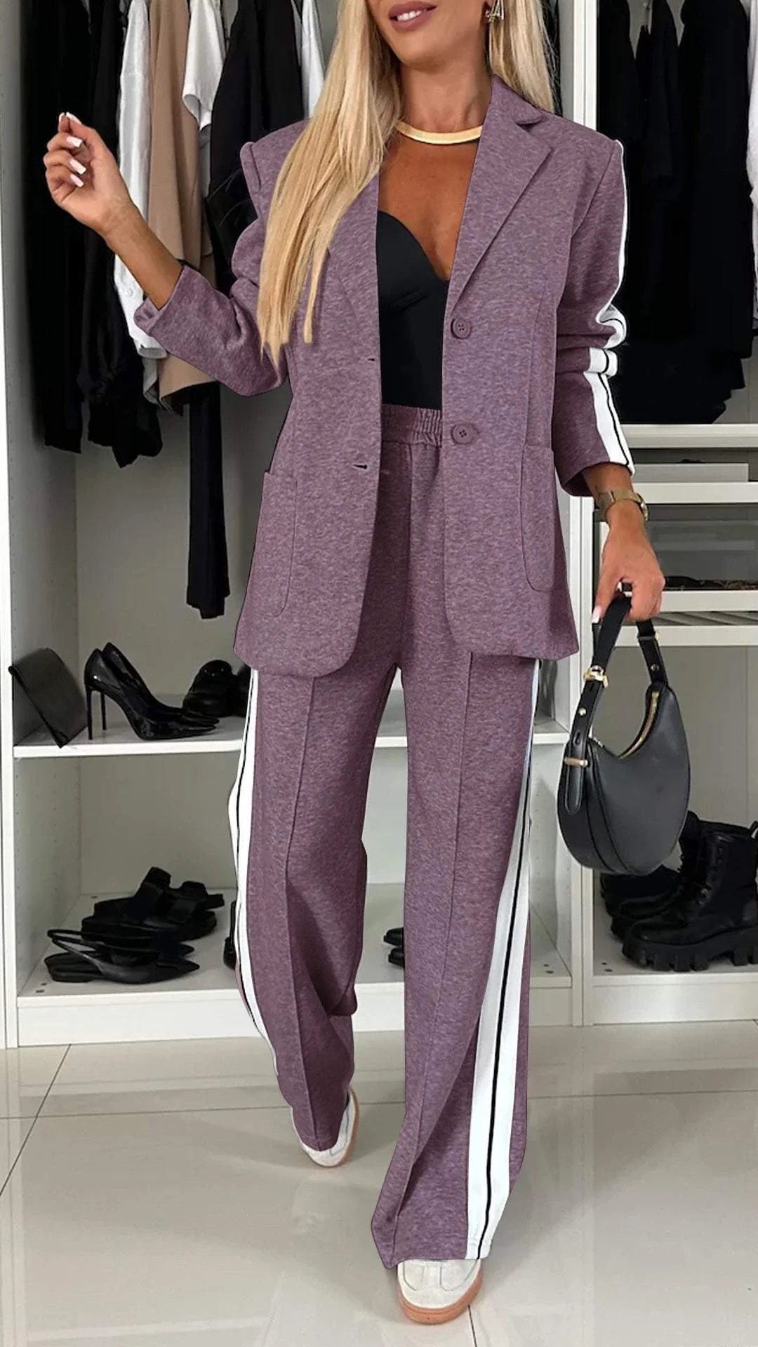 Completo casual monopetto da donna – Giacca a righe larghe e pantaloni a gamba larga