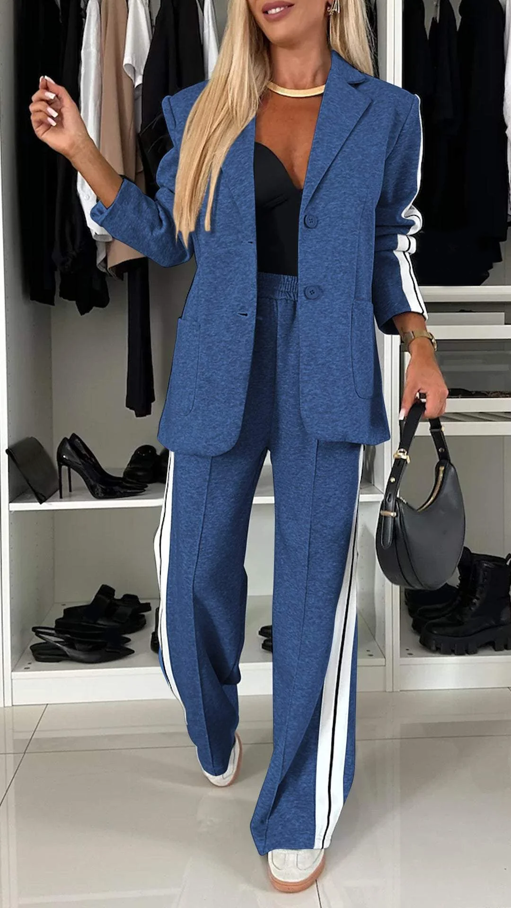 Completo casual monopetto da donna – Giacca a righe larghe e pantaloni a gamba larga