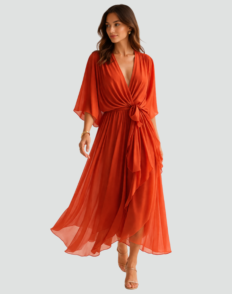 Abito midi da gala da donna con scollo a portafoglio e cintura - Elegante e fluido