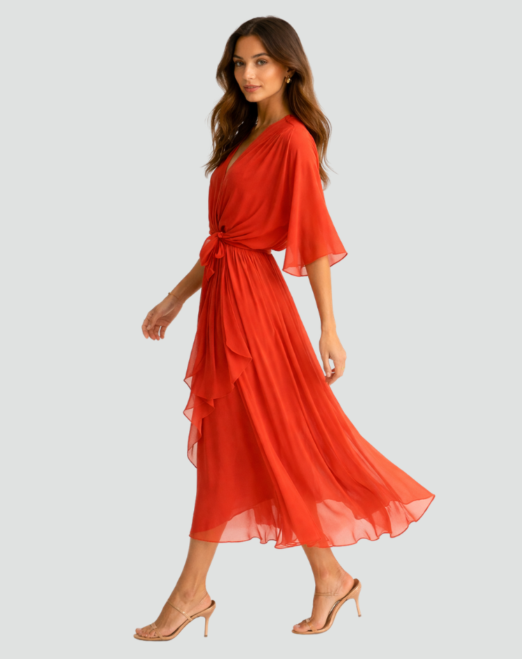 Abito midi da gala da donna con scollo a portafoglio e cintura - Elegante e fluido