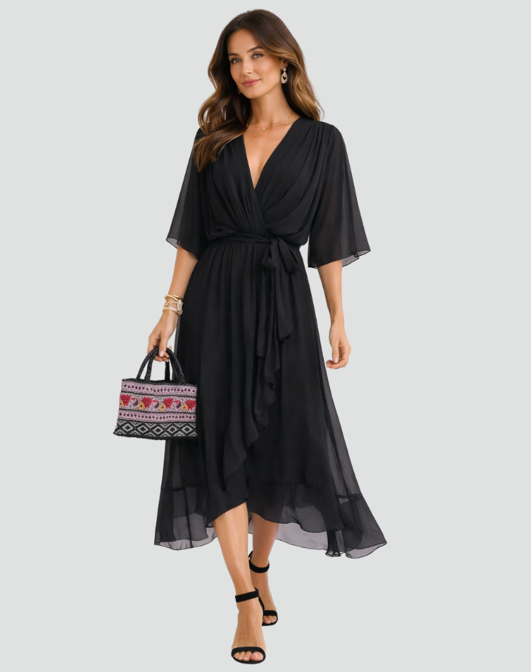 Abito midi da gala da donna con scollo a portafoglio e cintura - Elegante e fluido