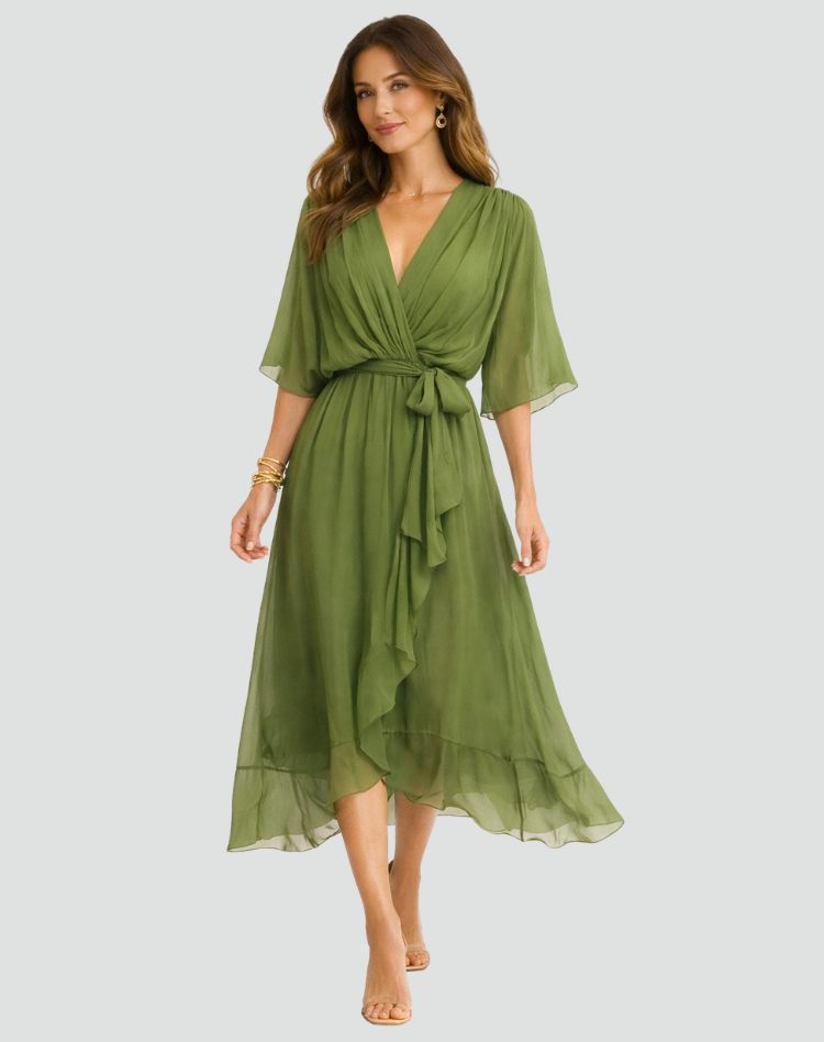 Abito midi da gala da donna con scollo a portafoglio e cintura - Elegante e fluido