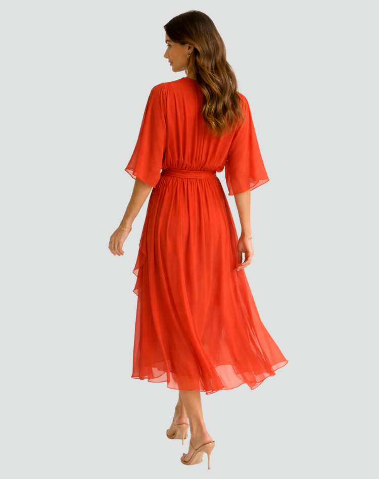 Abito midi da gala da donna con scollo a portafoglio e cintura - Elegante e fluido