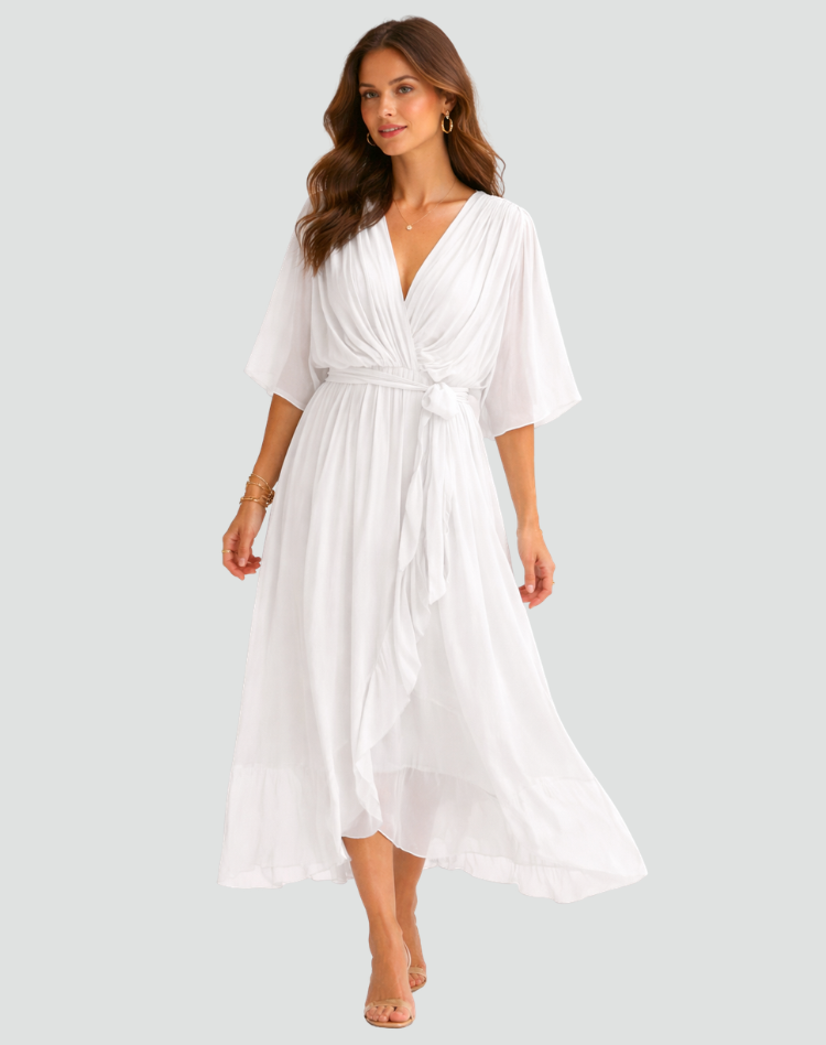 Abito midi da gala da donna con scollo a portafoglio e cintura - Elegante e fluido