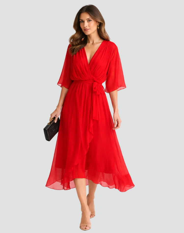 Abito midi da gala da donna con scollo a portafoglio e cintura - Elegante e fluido