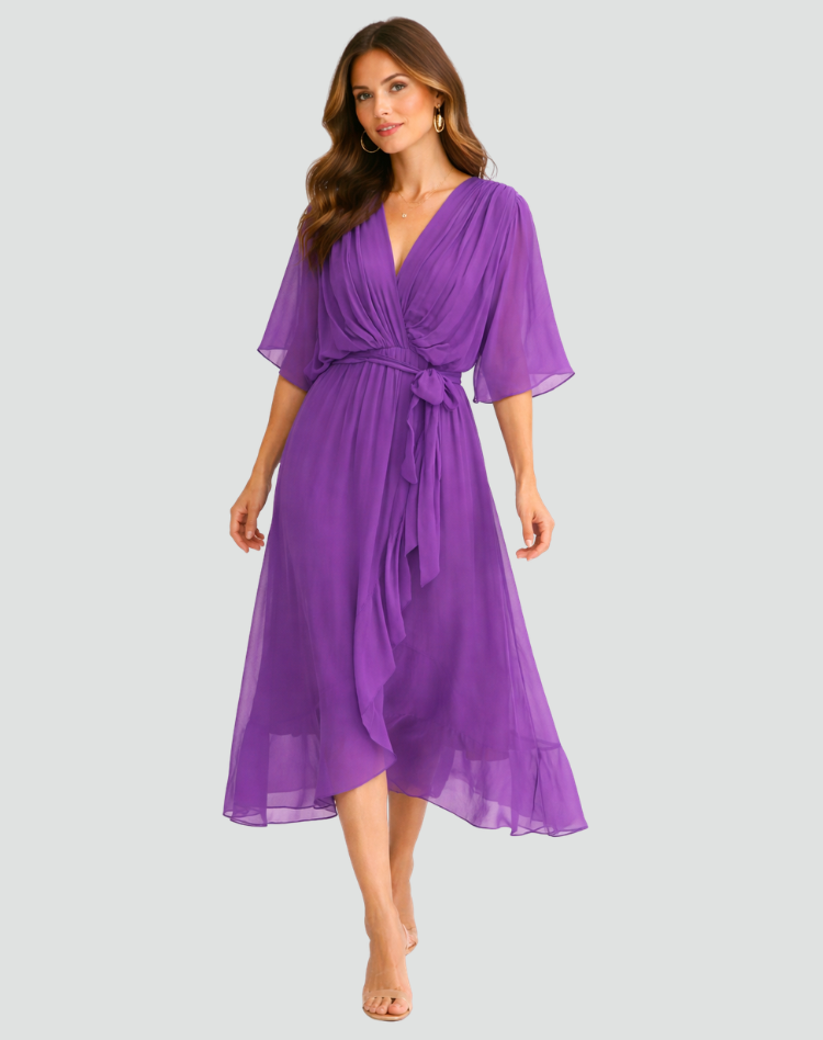 Abito midi da gala da donna con scollo a portafoglio e cintura - Elegante e fluido