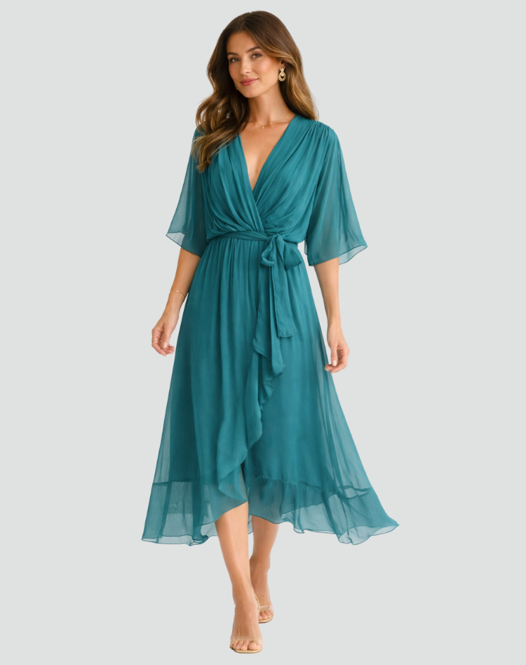 Abito midi da gala da donna con scollo a portafoglio e cintura - Elegante e fluido