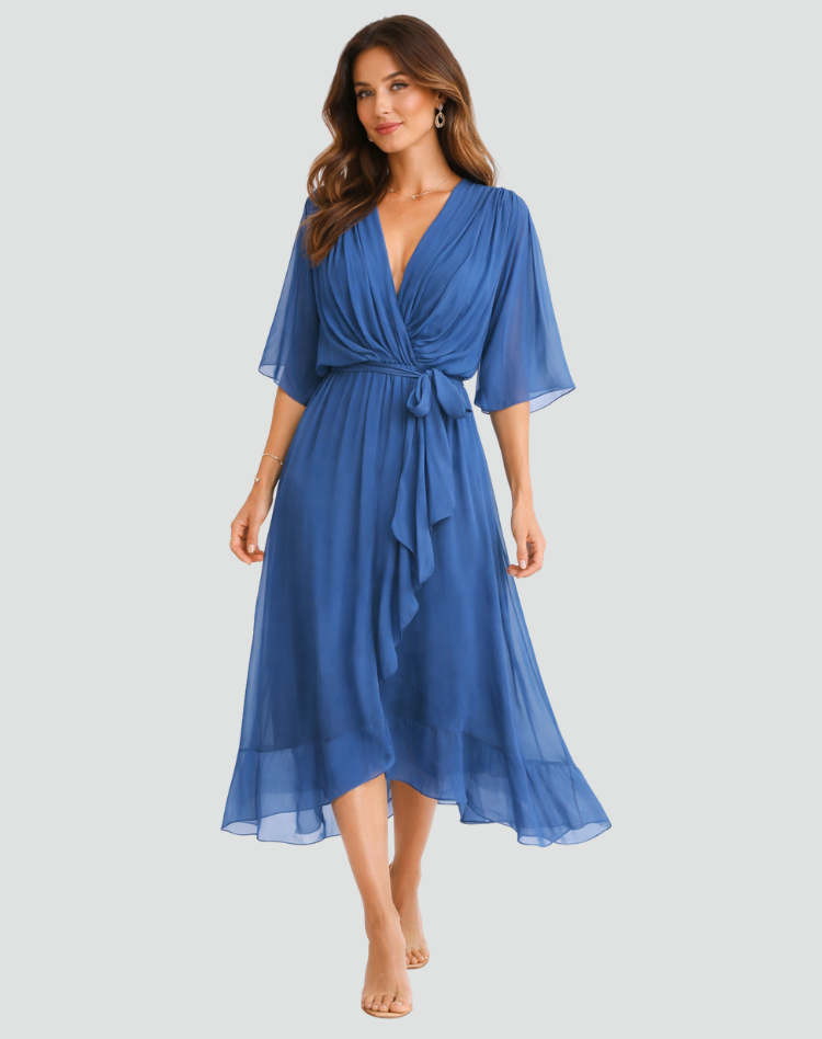 Abito midi da gala da donna con scollo a portafoglio e cintura - Elegante e fluido