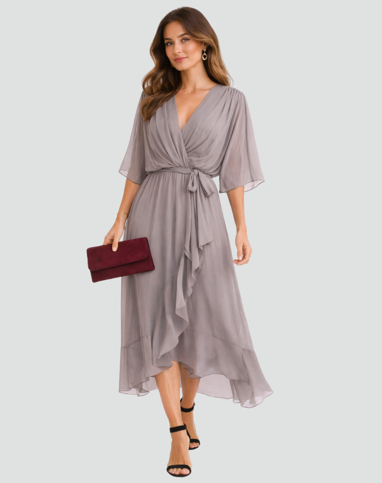 Abito midi da gala da donna con scollo a portafoglio e cintura - Elegante e fluido