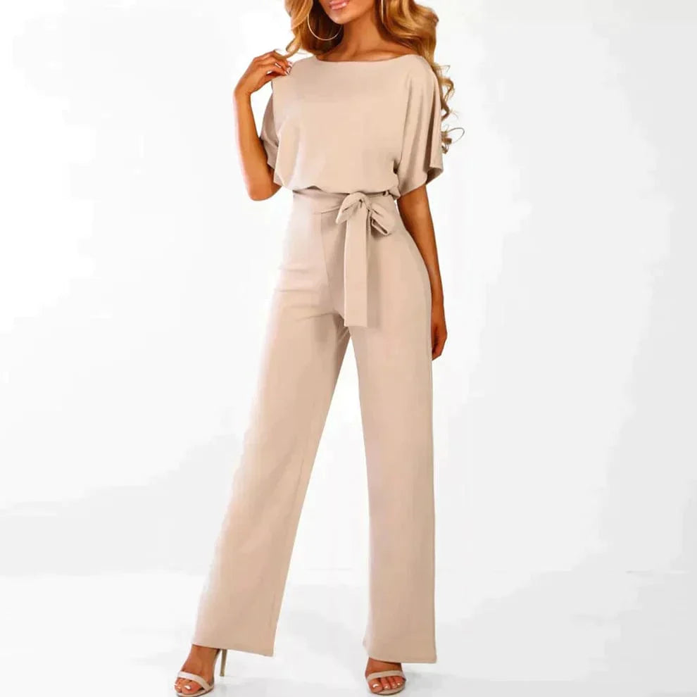 Tuta elegante da donna con cintura, manica corta, gamba larga - Completo intero leggero, elegante e lusinghiero