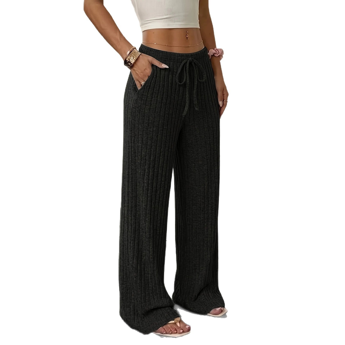 Pantalon femme en maille côtelée à jambes larges – Confortable et moderne