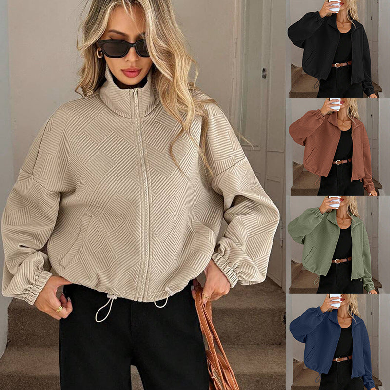 Giacca da donna con collo alto e cerniera – Modello casual autunno-inverno dalla vestibilità ampia con orlo regolabile tramite coulisse