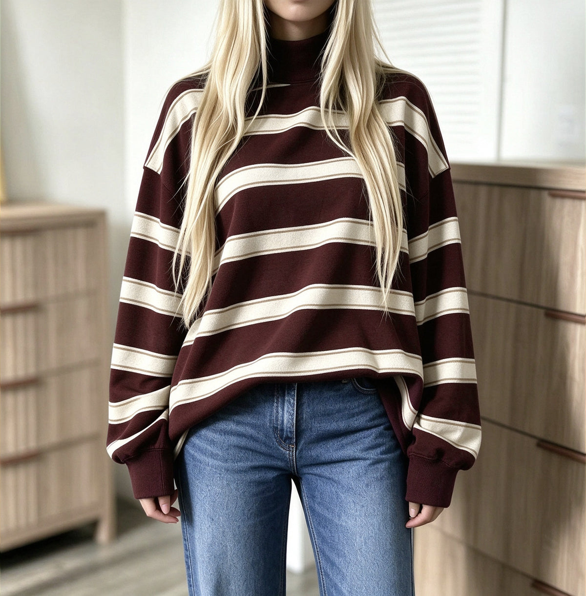Sweat-shirt femme à rayures imprimées – Décontracté et tendance