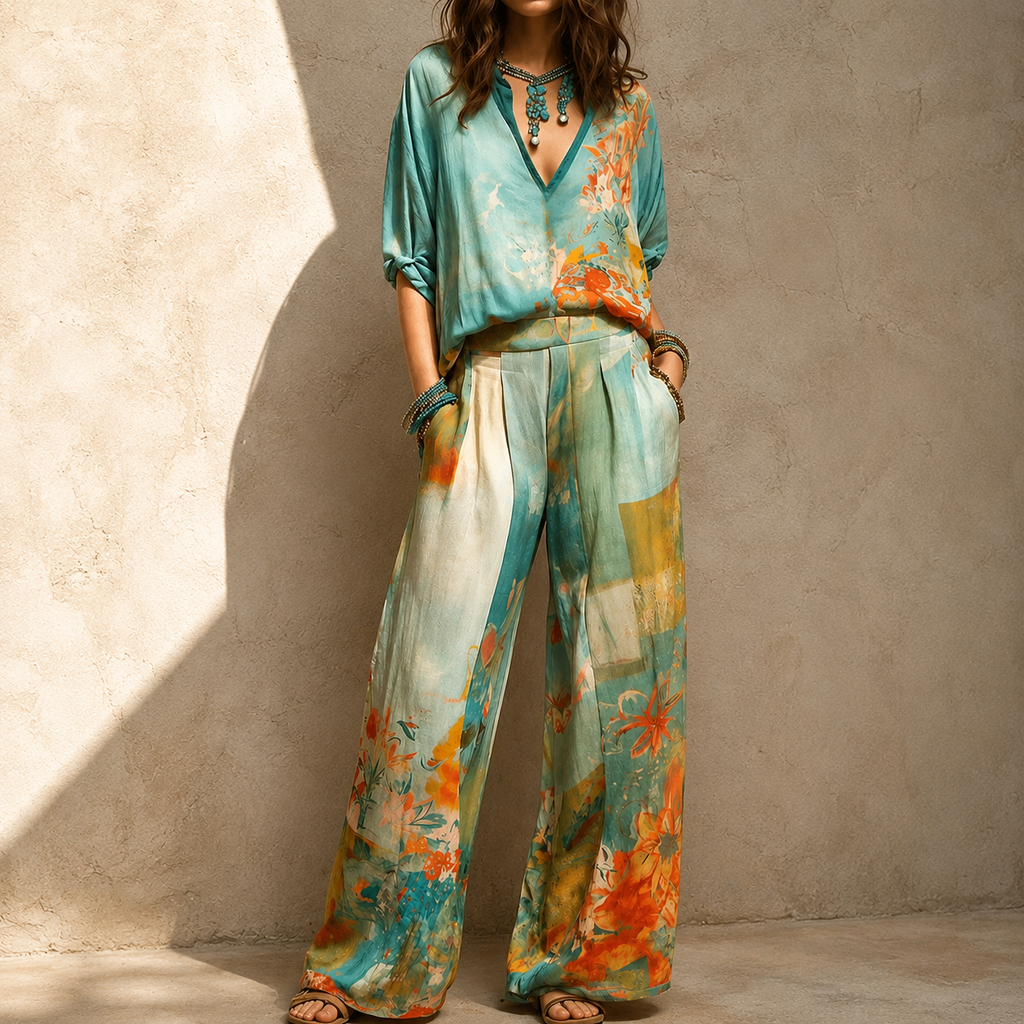 Set elegante da donna con stampa floreale e pantalone ampio - Raffinato e fluido