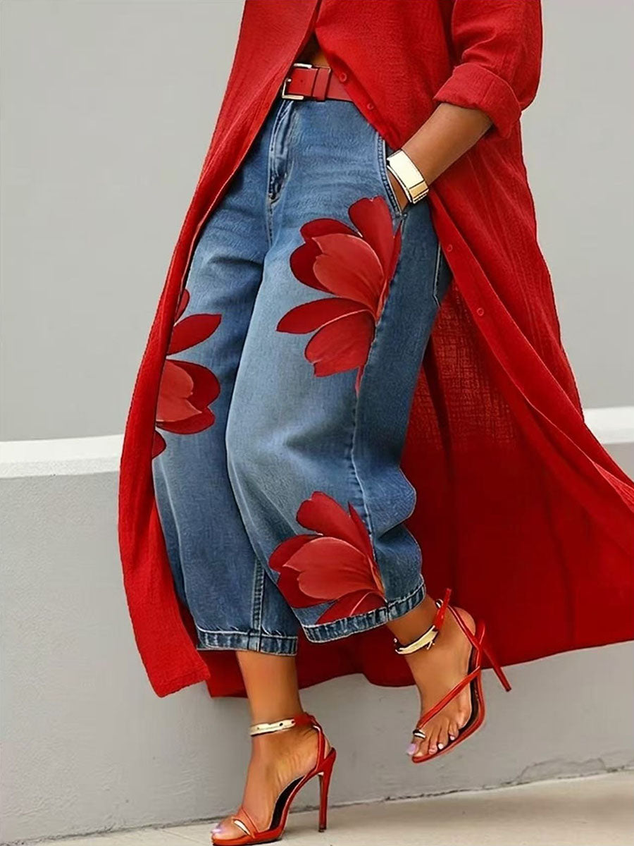 Jeans donna a fiori gamba ampia - Originali e casual