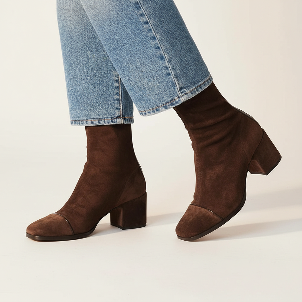 Stivaletti da donna con punta quadrata in pelle scamosciata – Tacco largo chic ed elegante