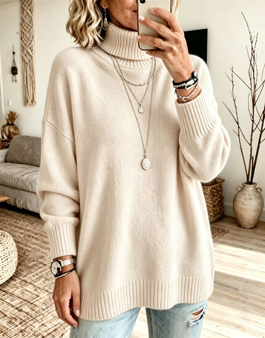 Pull femme ample à col roulé - Chaud et facile à porter