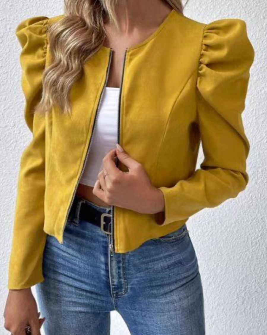 Cardigan da donna girocollo con zip e maniche a sbuffo