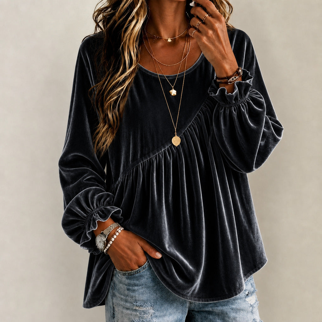 Top Donna in Velluto con Collo Rotondo e Volant – Stile Elegante Vestibilità Morbida